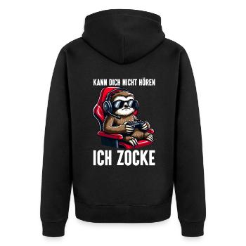 Ich Kann Dich Nicht Hören Ich Zocke Faultier - Unisex Premium Bio Zip Hoodie - Schwarz - Hinten - Nico (187cm)