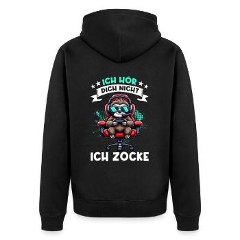 Ich Kann Dich Nicht Hören Ich Zocke Faultier - Unisex Premium Bio Zip Hoodie - Schwarz - Hinten - Nico (187cm)
