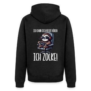 Ich Kann Dich Nicht Hören Ich Zocke Faultier - Unisex Premium Bio Zip Hoodie - Schwarz - Hinten - Nico (187cm)