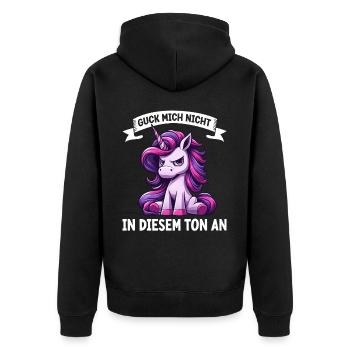 Guck mich nicht in diesem Ton an Einhorn Unicorn - Unisex Premium Bio Zip Hoodie - Schwarz - Hinten - Nico (187cm)