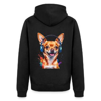 Chihuahua Kopfhörer Hund Lustig Tier Design Print - Unisex Premium Bio Zip Hoodie - Schwarz - Hinten - Nico (187cm)
