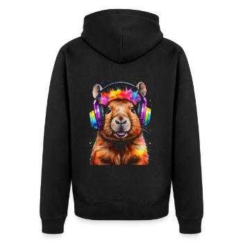 Capybara Kopfhörer Capy Bunt Tier Design Print - Unisex Premium Bio Zip Hoodie - Schwarz - Hinten - Nico (187cm)