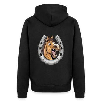 Pferd Lacht und Zeigt Zähne mit Hufeisen - Unisex Premium Bio Zip Hoodie - Schwarz - Hinten - Nico (187cm)