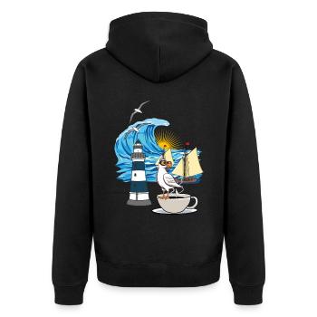 maritim Nordsee Ostsee Möwe Kaffeetasse Ahoi - Unisex Premium Bio Zip Hoodie - Schwarz - Hinten - Nico (187cm)
