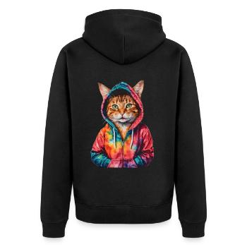 Katze Hoodie Bunt Lustig Tier Design Print - Unisex Premium Bio Zip Hoodie - Schwarz - Hinten - Nico (187cm)