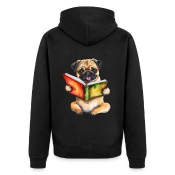 Mops Lesen Buch Hund Bunt Lustig Tier Design Print - Unisex Premium Bio Zip Hoodie - Schwarz - Hinten - Nico (187cm)