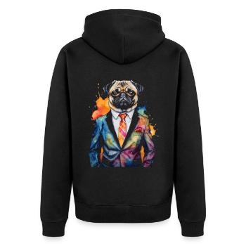 Mops Anzug Hund Bunt Lustig Tier Design Print - Unisex Premium Bio Zip Hoodie - Schwarz - Hinten - Nico (187cm)