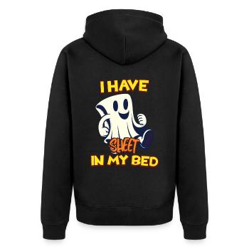 Lustiger Geister Spruch there is sheet in my bed - Unisex Premium Organic Zip Hoodie - black - Back - Nico (187cm)