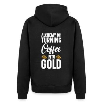 Goldschmied Gold Schmuckhersteller Goldschmuck - Unisex Premium Bio Zip Hoodie - Schwarz - Hinten - Nico (187cm)