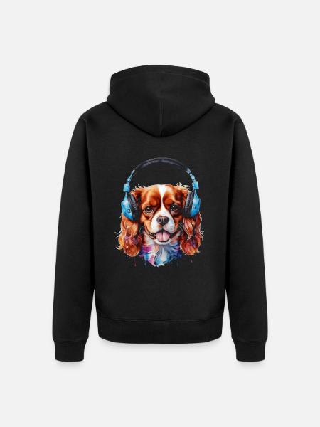 Cavalier King Charles Spaniel Słuchawki Nadruk psa - Ekologiczna rozpinana bluza z kapturem Premium unisex - czarny