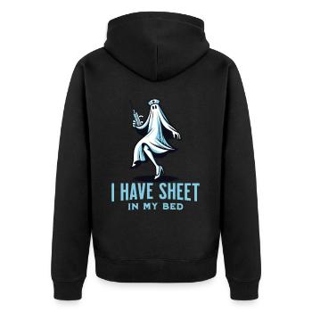 Funny ghost saying i have sheet in my bed - Unisex Premium Organic Zip Hoodie - black - Back - Nico (187cm)