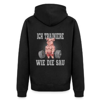 Ich trainiere wie die Sau Schwein Fitness-Studio - Unisex Premium Bio Zip Hoodie - Schwarz - Hinten - Nico (187cm)