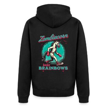 Zombie Einhorn Lustiger Halloween Spruch - Unisex Premium Bio Zip Hoodie - Schwarz - Hinten - Nico (187cm)