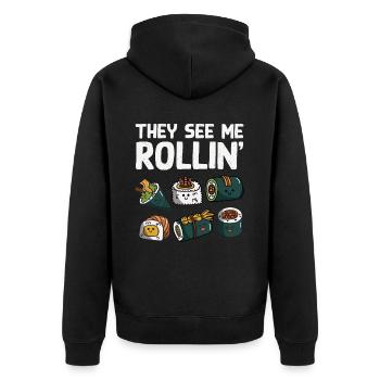 Sushi Essen Japan Nigiri Geschenk - Unisex Premium Bio Zip Hoodie - Schwarz - Hinten - Nico (187cm)
