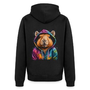 Capybara Hoodie Capy Bunt Tier Design Print - Unisex Premium Bio Zip Hoodie - Schwarz - Hinten - Nico (187cm)