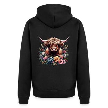 Floral Scottish Highland Cattle - Unisex Premium Organic Zip Hoodie - black - Back - Nico (187cm)