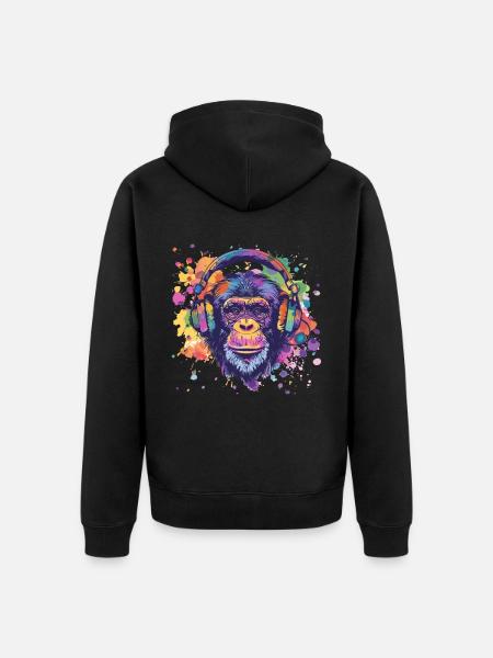 Affe Mit Kopfhörer Damen Deko Herren Geschenk - Unisex Premium Bio Zip Hoodie - Schwarz