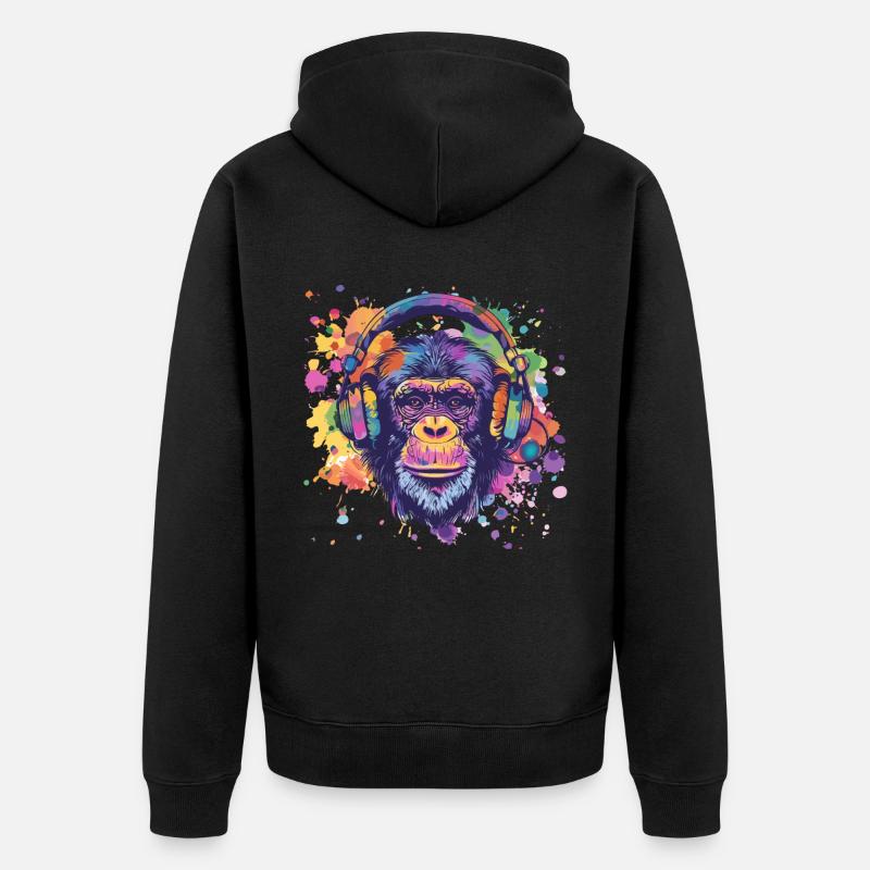 Affe Mit Kopfhörer Damen Deko Herren Geschenk - Unisex Premium Bio Zip Hoodie - Schwarz