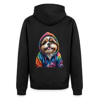 Shih Tzu Hoodie Hund Bunt Lustig Tier Design Print - Unisex Premium Bio Zip Hoodie - Schwarz - Hinten - Nico (187cm)