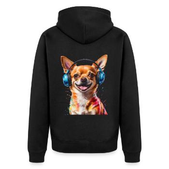 Chihuahua Kopfhörer Hund Lustig Tier Design Print - Unisex Premium Bio Zip Hoodie - Schwarz - Hinten - Nico (187cm)
