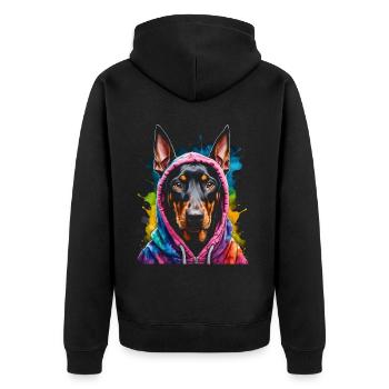 Dobermann Hoodie Hund Bunt Lustig Tier Print - Unisex Premium Bio Zip Hoodie - Schwarz - Hinten - Nico (187cm)