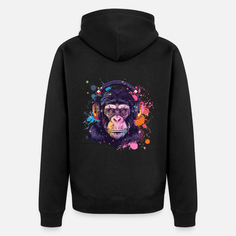 Affe Mit Kopfhörer Damen Deko Herren Geschenk - Unisex Premium Bio Zip Hoodie - Schwarz