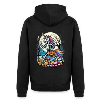 Lustiges Einhorn Skelett Liegt Süßigkeiten - Unisex Premium Bio Zip Hoodie - Schwarz - Hinten - Nico (187cm)