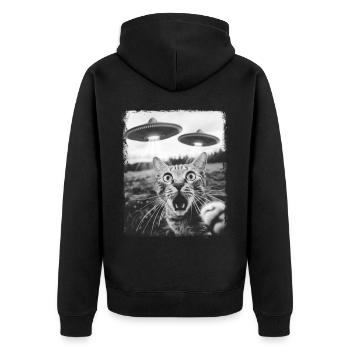 Tabby Katze UFO Alien Außerirdischer Selfie - Unisex Premium Bio Zip Hoodie - Schwarz - Hinten - Nico (187cm)