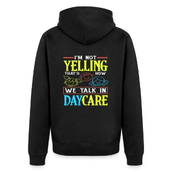 I don't scream, that's how we talk in kindergarten - Unisex Premium Organic Zip Hoodie - black - Back - Nico (187cm)