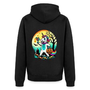 Lustiges Zombie Einhorn Liebt Süßigkeiten - Unisex Premium Bio Zip Hoodie - Schwarz - Hinten - Nico (187cm)