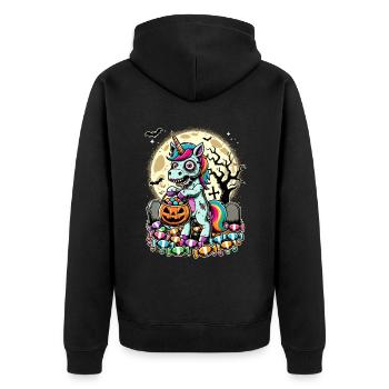 Lustiges Zombie Einhorn Liebt Süßigkeiten - Unisex Premium Bio Zip Hoodie - Schwarz - Hinten - Nico (187cm)