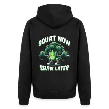 Leg Training Bodybuilder Squat Now Selfie Later - Unisex Premium Organic Zip Hoodie - black - Back - Nico (187cm)