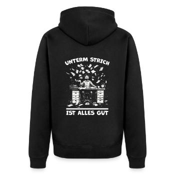 Chaos am Schreibtisch - Unterm Strich Alles Gut` - Unisex Premium Bio Zip Hoodie - Schwarz - Hinten - Nico (187cm)