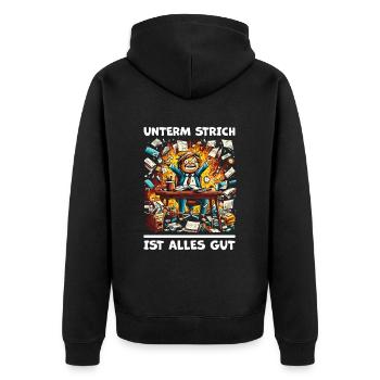 Chaos am Schreibtisch - Unterm Strich Alles Gut` - Unisex Premium Bio Zip Hoodie - Schwarz - Hinten - Nico (187cm)