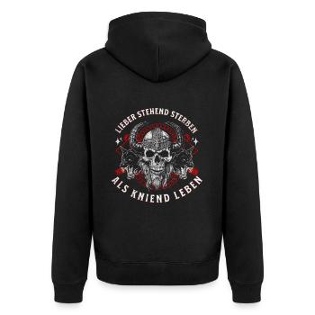 Viking Skull Horned Helmet Standing Die Design - Unisex Premium Organic Zip Hoodie - black - Back - Nico (187cm)