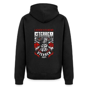 Lieber stehend sterben Wikingerhelm Tattoo 2024 - Unisex Premium Bio Zip Hoodie - Schwarz - Hinten - Nico (187cm)