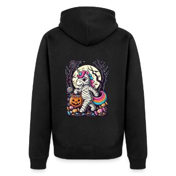 Lustige Einhorn Mumie Liebt Süßigkeiten - Unisex Premium Bio Zip Hoodie - Schwarz - Hinten - Nico (187cm)