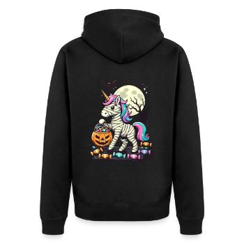 Lustige Einhorn Mumie Liebt Süßigkeiten - Unisex Premium Bio Zip Hoodie - Schwarz - Hinten - Nico (187cm)