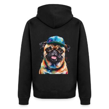 Mops Snapback Cap Hund Bunt Lustig Design Print - Unisex Premium Bio Zip Hoodie - Schwarz - Hinten - Nico (187cm)