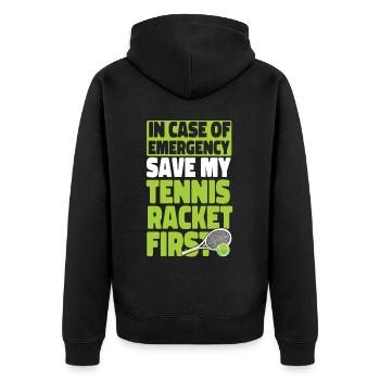 Funny Tennis Player Racket In Case - Unisex Premium Organic Zip Hoodie - black - Back - Nico (187cm)