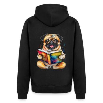 Mops Lesen Buch Hund Bunt Lustig Tier Design Print - Unisex Premium Bio Zip Hoodie - Schwarz - Hinten - Nico (187cm)