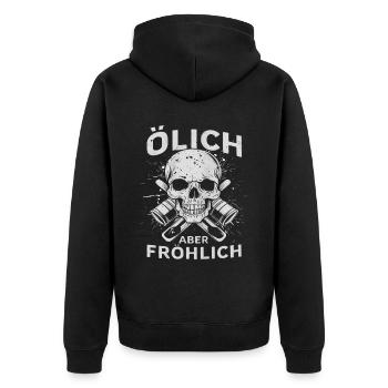 Oily but cheerful – For the true mechanics - Unisex Premium Organic Zip Hoodie - black - Back - Nico (187cm)