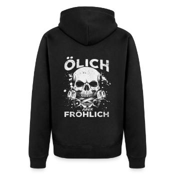 Oily but cheerful – For the true mechanics - Unisex Premium Organic Zip Hoodie - black - Back - Nico (187cm)