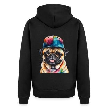 Mops Snapback Cap Hund Bunt Lustig Design Print - Unisex Premium Bio Zip Hoodie - Schwarz - Hinten - Nico (187cm)