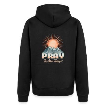 Wie kann ich heute für dich beten? - Unisex Premium Bio Zip Hoodie - Schwarz - Hinten - Nico (187cm)