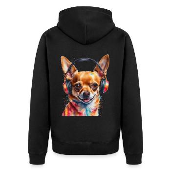 Chihuahua Kopfhörer Hund Lustig Tier Design Print - Unisex Premium Bio Zip Hoodie - Schwarz - Hinten - Nico (187cm)