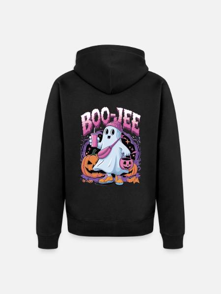 Boo-Jee Halloween Geist mit Kürbissen und Getränk - Unisex Premium Bio Zip Hoodie - Schwarz