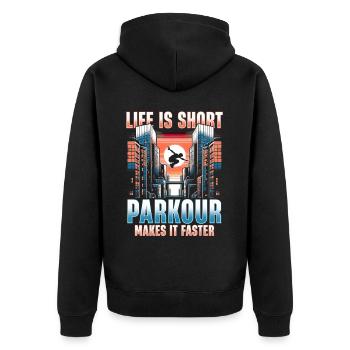 Life is short. Parkour makes it faster - Unisex Premium Bio Zip Hoodie - Schwarz - Hinten - Nico (187cm)