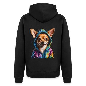Chihuahua Hoodie Hund Bunt Lustig Tier Print - Unisex Premium Bio Zip Hoodie - Schwarz - Hinten - Nico (187cm)