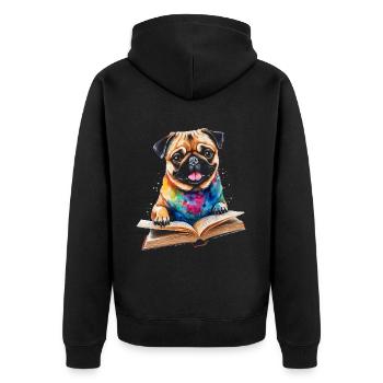 Mops Lesen Buch Hund Bunt Lustig Tier Design Print - Unisex Premium Bio Zip Hoodie - Schwarz - Hinten - Nico (187cm)